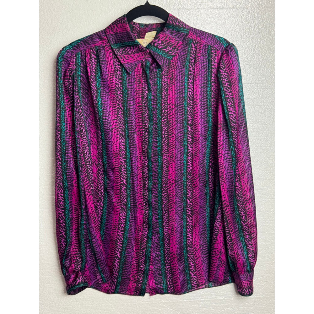 Vintage ST. JOHN Rare Long sleeve Blouse Size 10 Pink Teal Striped